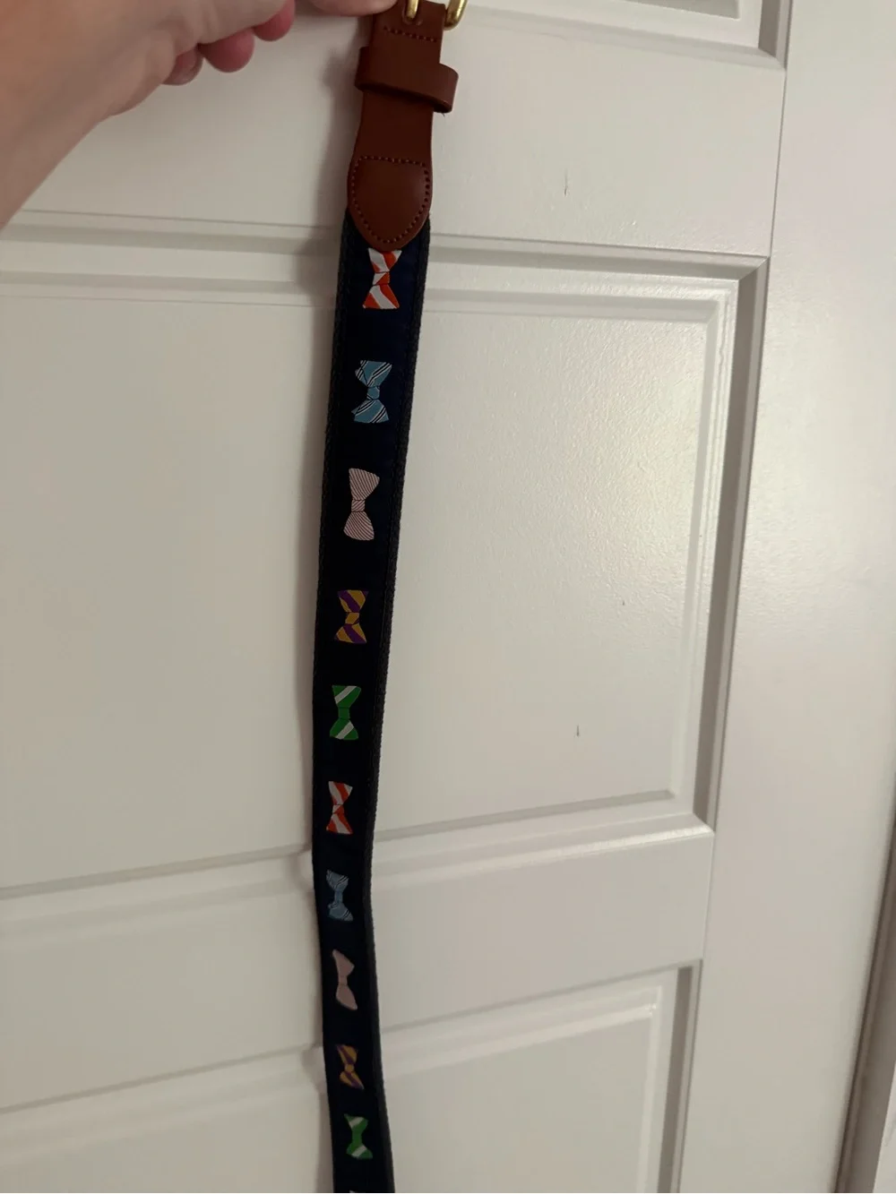 Children's Navy Bow Embroidered Strap with Brown Trim
